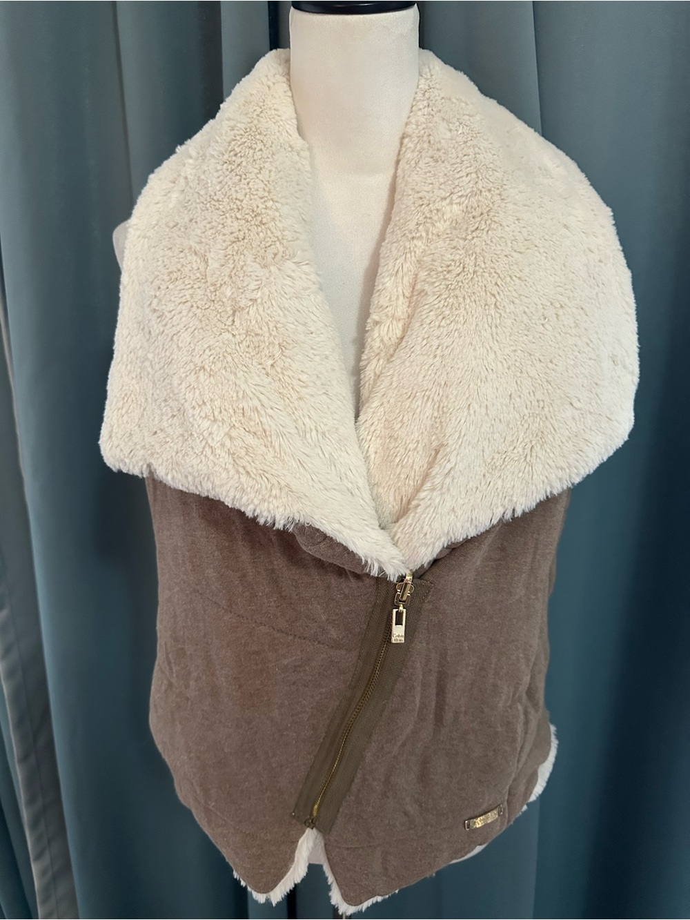 Calvin Klein Performance Two-Tone Faux Shearling Vest in Cream & Brown